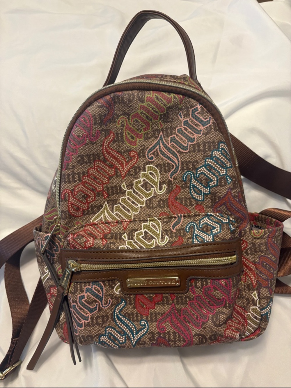 Juicy Couture Brown Mini Backpack with Multicolor Logo Print